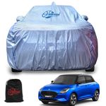 GARREGE® Waterproof New Swift Car Body Cover Metallic Silver Triple Coated Inner Soft Lining Cotton with Mirror Antena Pocket Blue Strap Style (Box Printed Silver)