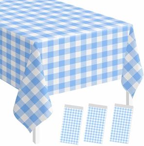 SietDESEO 3 Pack Light Blue Gingham Tablecloth Rectangle 54 x 108 Blue and White Checkered Table Cloth Disposable Plaid Table Cover Plastic for Birthday Baby Shower Picnic Wedding Party Supplies