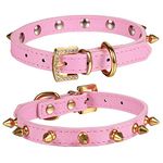 LOVPE One Row Golden Spiked Studded Leather Dog Collar/Cat Collar with Golden Rhinestone Buckle for Small Dog/Cat Puppy Kitty (S(Neck for:11-13 Inch), Pink)