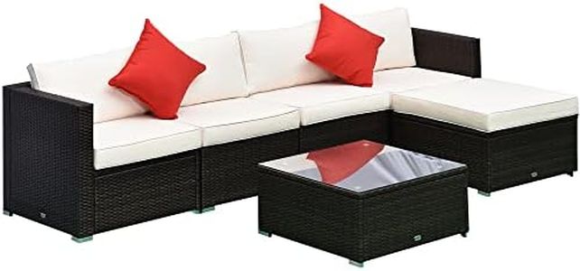 Outsunny 6 Pieces Outdoor PE Rattan Wicker Patio Furniture Sofa Set with Thick Cushions, Deluxe Garden Sectional Couch with Glass Top Table, Dark Coffee and Cream White