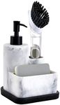 ZCCZ White Soap Dispenser with Sponge Holder, Kitchen Soap Dispenser Pump, Sponge Caddy and Brush Holder 3 in 1 Set Organizer for Sink Countertop, Removable Tray, Marble Look (Brush NOT Included)