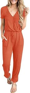 PRETTYGARDEN Women's Summer Casual Deep V Neck Short Sleeve Wrap Drawstring Waist Jumpsuit Romper (Orange Red,Medium)