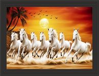 7 Running horses Vastu UV textured Digital Reprint 14 inch x 11 inch Painting (With Base Frame)