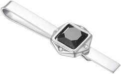 Asienice Mens Round Tie Clips Square Tie Clips Luxury Silver With Black Circular Gemstone for Formal Events And Business Meetings, square, Non-Precious Metal, black tourmalin