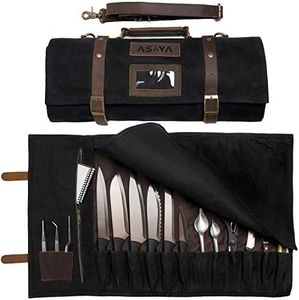 ExecuChef Waxed Canvas Knife Roll | 15 Knife Slots, Card Holder and a Large Zippered Pocket | Genuine Top Grain Leather, Cloth and Brass Buckles | for Professional Chefs and Culinary Students (Black)