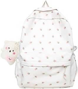 Kawaii Backpack Mori Art Floral Backpack With Pendant 16.1 Inch Aesthetic Backpack Cute Backpack Classic Casual Computer Backpack (White)