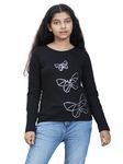 Twissty 100% Combed Cotton Single Jersey Tops | Crew Neck Full Sleeve Top for Girls | Regular Fit Butterfly Embroidery Tshirt | Trendy Summer Wear | Black, 12-13 Years