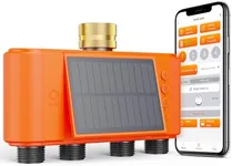 Lumary Solar WiFi Sprinkler Timer 4 Zone w/Water Flow Meter, Smart Water Timer for Garden Hose w/Adjustable 90° Panel, APP Automatic Irrigation Controller System for Lawns Yard, No Need Hub