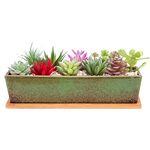 ARTKETTY Succulent Plant Pots, 30 CM Long Rectangle Succulent Plant Pots with Drainage Tray, Large Ceramic Cactus Flower Plants for Indoor/Outdoor Plants Shallow Bonsai Window Box Home Decor, Green