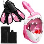 Moukeren 2 Pcs Full Face Snorkel Mask for Kids with Adjustable Dive Fins 180 Degree Panoramic View Shark Snorkeling Mask for Kids Snorkeling Gear Diving Fins Flippers for Children Boys Girls(Pink)