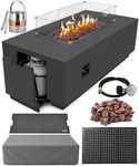 AMS Fireplace Genuine Concrete Rectangular Propane Fire Pit Table for Outside Patio (66" Sedona) | Hidden Tank Drawer & Electronic Ignition | Bundle w/Wind Guard, Burner Lid & Cover (Dark Gray)