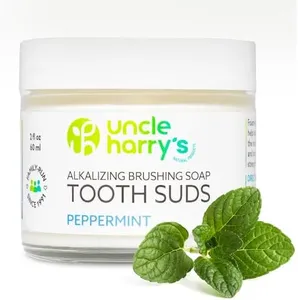 Uncle Harry’s Natural Products Alkalizing Nonabrasive Brushing Soap Tooth Suds, Peppermint, Remineralizes Tooth Enamel and Promotes Alkaline pH, Fluoride Free and Vegan, 2 Ounce Glass Jar