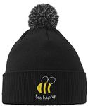 Hippowarehouse Bee Happy Embroidered Beanie Hat with Bobble Black