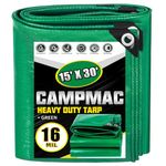 CAMPMAC Super Heavy Duty Tarp 15 X 30 Ft, 16 Mil Large Waterproof Tarps, High Durability, UV Resistant, Tear Resistant with Grommets Every 20 Inches for Outdoor (Green)