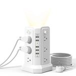 Surge Protector Power Bar Tower with 5 USB Ports and Night Light, 10FT Extension Cord with 12 AC Multiple Outlets, PASSUS Power Tower, Overload Protection for Home Office Dorm Room (White)