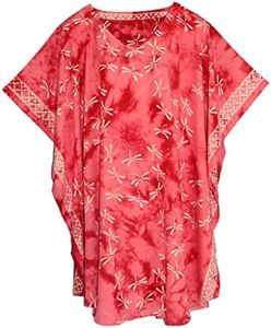 Beautybatik Women BOHO HIPPIE Batik Caftan Kaftan Plus Size Short Sleeve Tunic Blouse Top XL to 4X, Hot Coral-14619, X-Large Plus