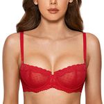 DOBREVA Women's Sexy Lace Bra Underwire Balconette Unlined Demi Sheer Plus Size Lipstick Red 36A