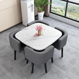 WOOOFA Round Dining Table Set for 4, Faux Marble Conference Table and Chairs Set, Kitchen Table Chairs Set with Strong Metal Frame, Space-Saving, Office Table and Chair Set for Home and Apartment