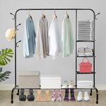 LEOPAX Premium Garment Rack, Single Rod Multi-functional Freestanding Cloth Hanging Stand for Bedroom, Home, Metal Clothes Rail with Side Hooks and Lower Storage Shelf - Black - 150 x 43 x 152cm