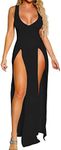 AZHONG Women's Sexy One Piece Outfits Dress Sleeveless Deep V Neck High Split Bodycon Clubwear Maxi Dresses, Black, Small