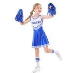 LOLANTA Teen Girls Cheer Outfits Summer Dresses Swimsuit Fabric with Socks, Pom Poms (14-16, Blue)