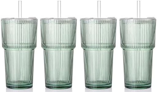 SIPBYSOP 4PCS Green Ribbed Glass Cups with Lids and Straws, 20oz Vintage Drinking Glasses, Aesthetic Iced Coffee Cups, Glass Tumbler for Boba, Beer, Tea, Cocktails, Green Ribbed Glassware Set