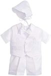 Dressy Daisy Infant Baby Boys Christening Clothing Baptism Outfits White Suit Set with Bonnet Size 3-6 Months, Short Sleeve 027