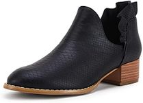 FISACE Womens Ruffled Ankle Boots V Cut Out Pointed Toe Chunky Low Heel Dressy Western Booties