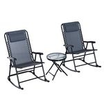 Outsunny 3 Piece Outdoor Rocking Set with 2 Folding Chairs and 1 Tempered Glass Table, Patio Bistro Set for Garden, Deck, Grey