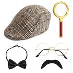 Detective Costume Accessories Set, 5Pcs Victorian Sherlock Holmes Fancy Dress Kit with Detective Hat Glasses Magnifier Bowtie Fake Beards for Kids Adults Halloween Carnival Party Supplies