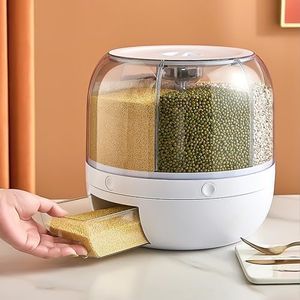 Rotating Grain Dry Food Dispenser Countertop - 6 Grids Cereal Tank for Lentils, Rice, Beans - Transparent Kitchen Pantry Storage Container, 360° Rotatable Design, Max 22 lbs Capacity, White - PET+PP