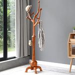 Coat Rack Freestanding Wood Tree Rack with 8 Hooks, Creative Design Tree Branch-look, Coat Tree Clothes Hanger Stand with Stable Sphere Base for Entryway, Hallway, Bedroom - Load 160lbs (Light Brown)