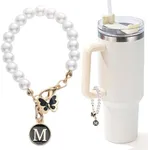 LUHOHI Letter Charm for Stanley Cup，Pearl Chain Accessories Stanley Cup Initial Charms for Handle Stuff Decor Water Bottle Jewelry Tumbler Cute Personalized Name ID Decorations Black Tag (M)