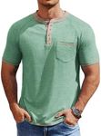 COOFANDY Henley Shirts for Men Short Sleeve Casual Basic T-Shirts Summer Collarless Tee Shirts Fashion Button Top with Pocket Light Green