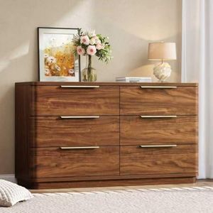 beronbaer 6 Drawer Dresser for Bedroom, 54" Wide Modern Chest of Drawers with Metal Handle, Curved Profile Design, Wooden Walnut Dresser Closet Clothes Storage TV Stand for Living Room, Hallway