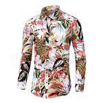 Men Shirt Vintage Print Regular Fit/Loose Men Long-Sleeve Shirt Collar Button Placket Casual Ethnic Style Men Shirt Vacation Sandy Beach Hawaii Men Shirt E-White2 XXL