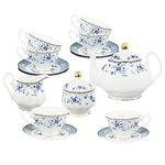 fanquare 21 Pieces Porcelain Tea Set Service, Blue Floral Afternoon Tea Set, British Coffee Set with Teapot, Cup and Saucer