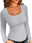 VICHYIE Womens Long Sleeved Shirt Ribbed Knit Square Neck Slim Fitted Casual Fall Tops Basic Tunic Grey S