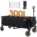 TIMBER RIDGE Extended Festival Trolley with Brakes & Cargo Net, 300L Large Collapsible Folding Wagon with Adjustable Handle & Cup Holder, 160kg Heavy Duty Cart for Camping Shopping Hiking, Black