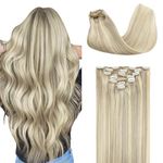 GOO GOO Clip in Hair Extensions Real Human Hair, 18inch 120g 7Pcs, 17A/60A Ash Blonde Highlighted Platinum Blonde, Remy Human Hair Extensions Clip ins for Women, Natural Human Hair