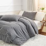 Bildenly Fluffy Faux Fur Duvet Cove King Size Grey Striped Reversible Comforter Cover Set 3 Pieces Winter Warm Velvet Flannel Shaggy Bedding Set Cozy Plush Fur Fuzzy Quilt Cover with 2 Pillow Shams