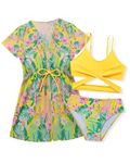 xiaokea 3 Piece Girls Bikini Sets Bathing Set for Kids Swimwear Sets Rash Guard Kimono Bikini Tops Bottoms with Coverup Swimsuit (Yellow Floral, 11-12 Years)