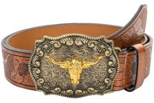 HilyBony Western-PU-Leather-Belts for Men and Women Cowboy-Cowgirl Longhorn-Bull-Pattern-Engraved-Buckle-Belt for Unisex