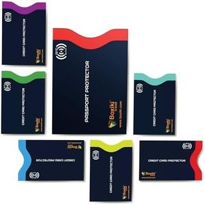 Boxiki Travel RFID Blocking Sleeves, Set with Color Coding | Identity Theft Prevention RFID Blocking Envelopes (Set of 6 Credit Card Sleeves + 1 Passport Sleeve) (Navy Blue)