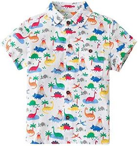 Little Bitty Boys Button Down Shirts Toddler Dinosaur Hawaiian Short Sleeve Dress Shirt Tops, White 6-7Yrs/6T