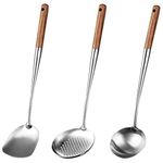 Wobekuy Wok Spatula and Ladle,Skimmer Ladle Tool Set, 17Inches Spatula for Wok, 304 Steel Wok Spatula