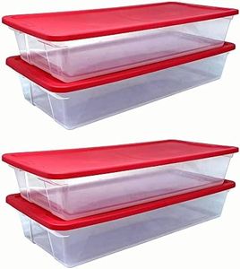 HOMZ Large 41 Quart Clear Plastic Under Bed Stackable Holiday Storage Container with Red Snap Lock Lid, Red/Clear (2 Pack)