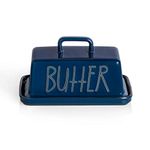 Sweejar Home Ceramic Butter Dish with Handle Lid, 18 cm Porcelain Large Butter Keeper with Cover, Perfect for East/West Butter (Navy)