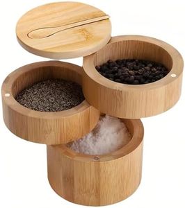 KITment 3 Tier Bamboo Salt Cellar, Salt Container Pepper Bowls Magnetic Swivel Lid Triple Spice Box with Spoon, Seasoning Storage Container for Kitchen Restaurant Hotel Canteen
