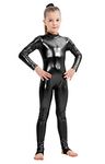 YgneeDom Girls Shiny Metallic Long Sleeve Unitard Spandex One Piece Wet Look Kid Bodysuit (Black, M)